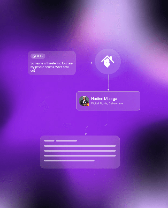 Kemi connecting a user’s message to a verified lawyer and a report