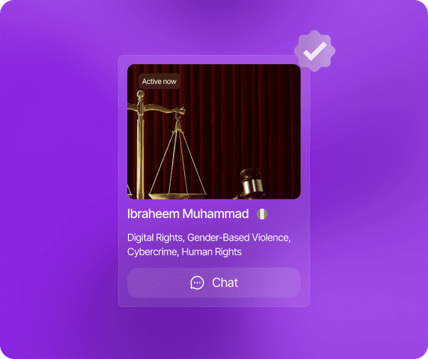Profile card of a verified lawyer, Ibraheem Muhammad, with a chat button